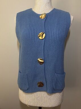 Sleeveless Ribbed Knit Cardigan Vest in Soft Blue with Gold Buttons